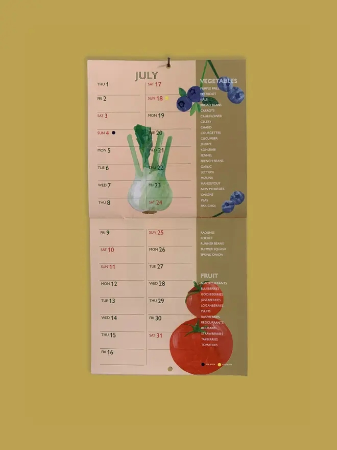Seasonal Fruit & Vegetable 2027 Calendar, on a green background. 