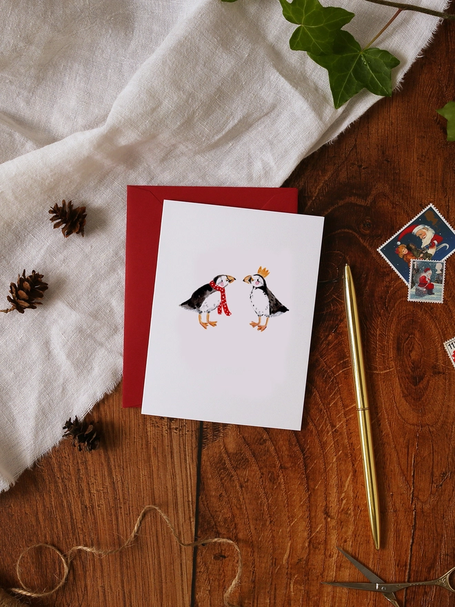 Two Christmas Puffins Mini Christmas Card