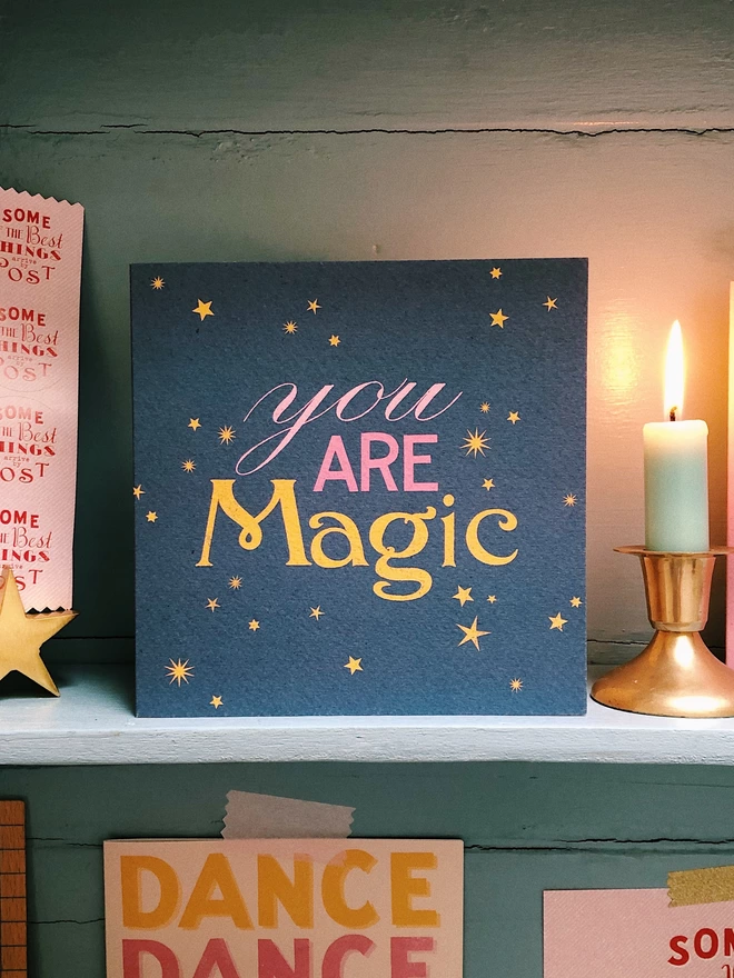 'You Are Magic' Charity Greeting Card hand lettered and vintage typography with stars