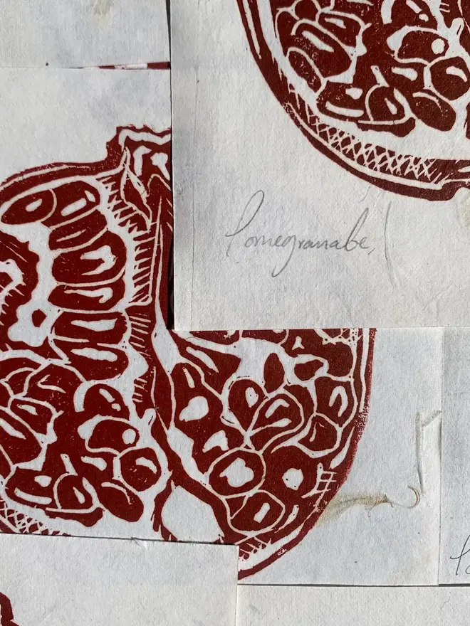 Lino Print Pomegranate On Handmade Paper