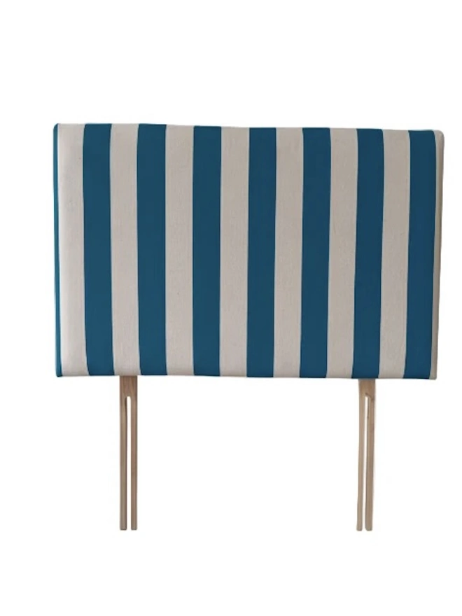 Hand Painted Upholstered Linen Headboard In Stripe Print, an ink striped headboard sitting against a white background. 