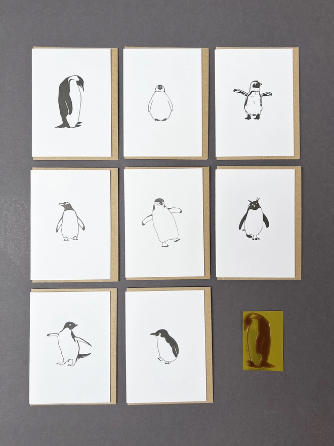 All eight penguins Emperor, Babyup, African, Gentoo, Chinstrap, Rockhopper, Adelie and Little Blue with a plate we use to letterpress print the card
