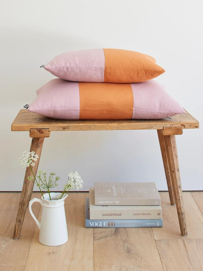 Colour Block Linen Cushion – Dusky/Ginger