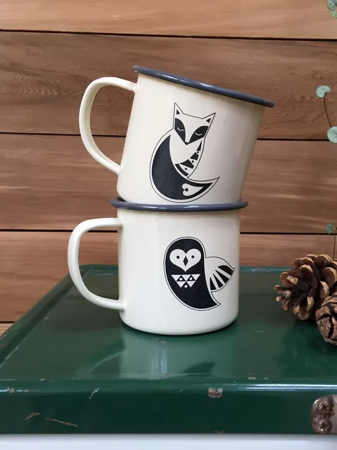 Owl and fox enamel mugs