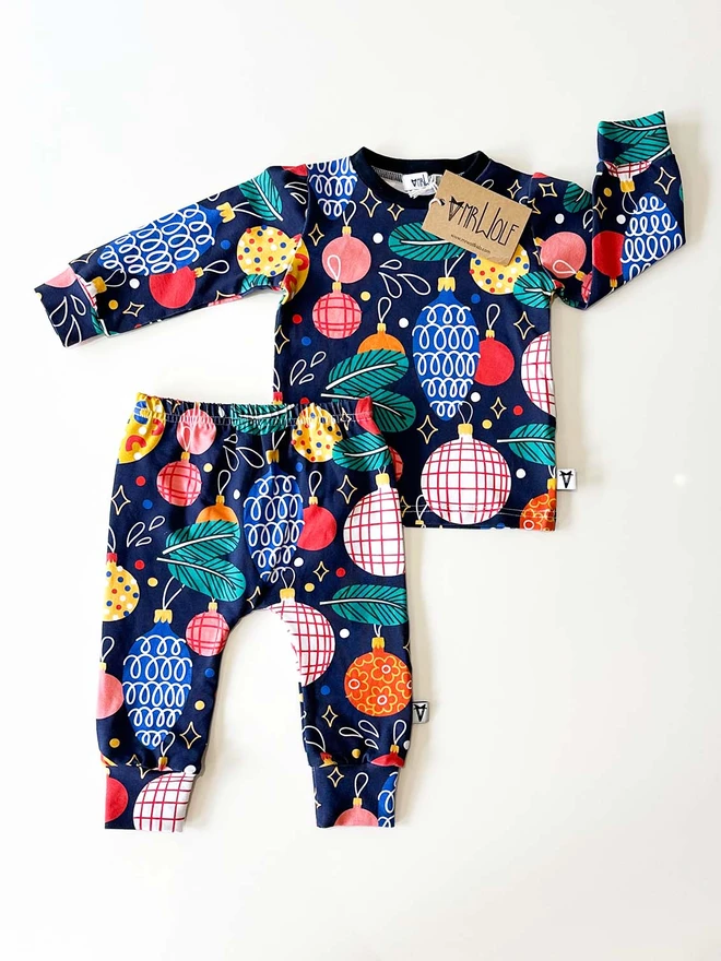 Baby and toddler lounge set in a festive baubles print