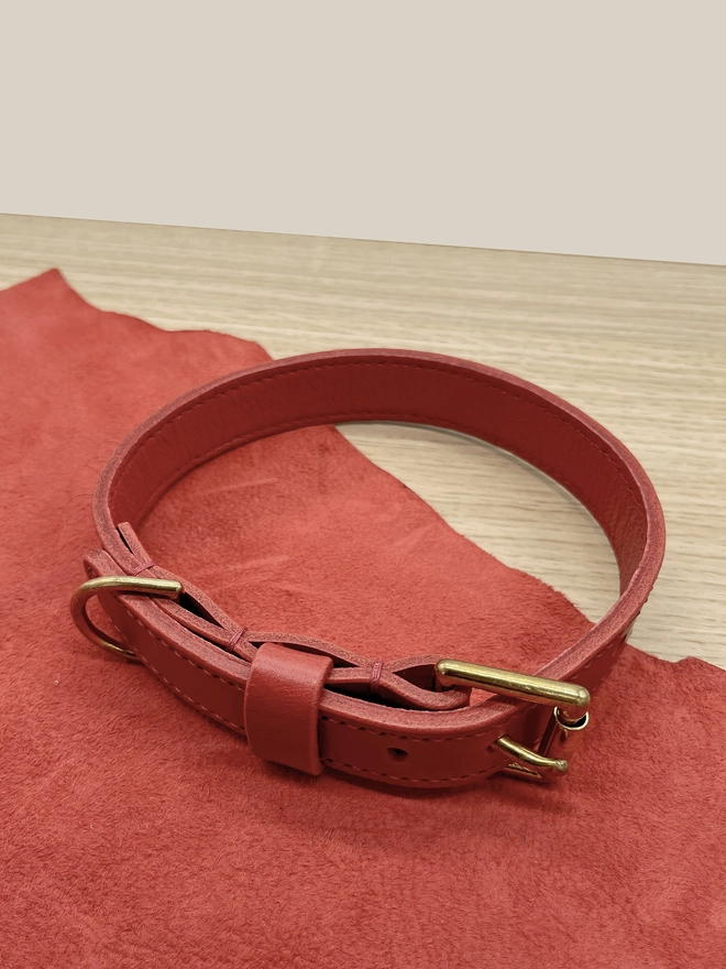 red leather dog collar on wood and leather prop