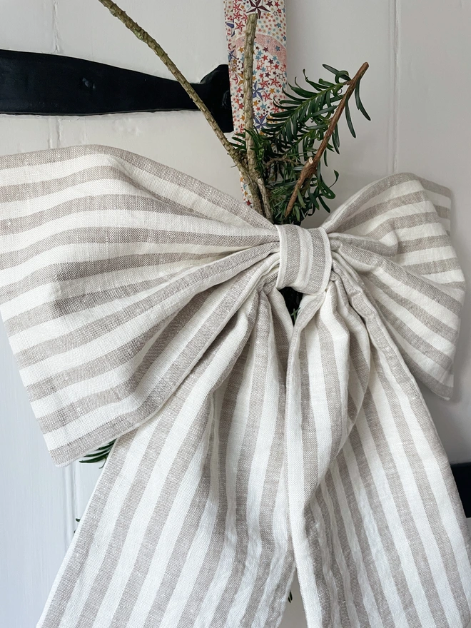 Natural Ivory Stripe Linen Oversized Bow Decoration