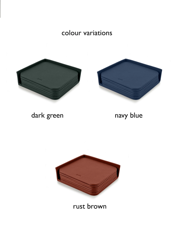 colour variation of the large coasters. showing the dark green, navy blue and rust brown colour sets.