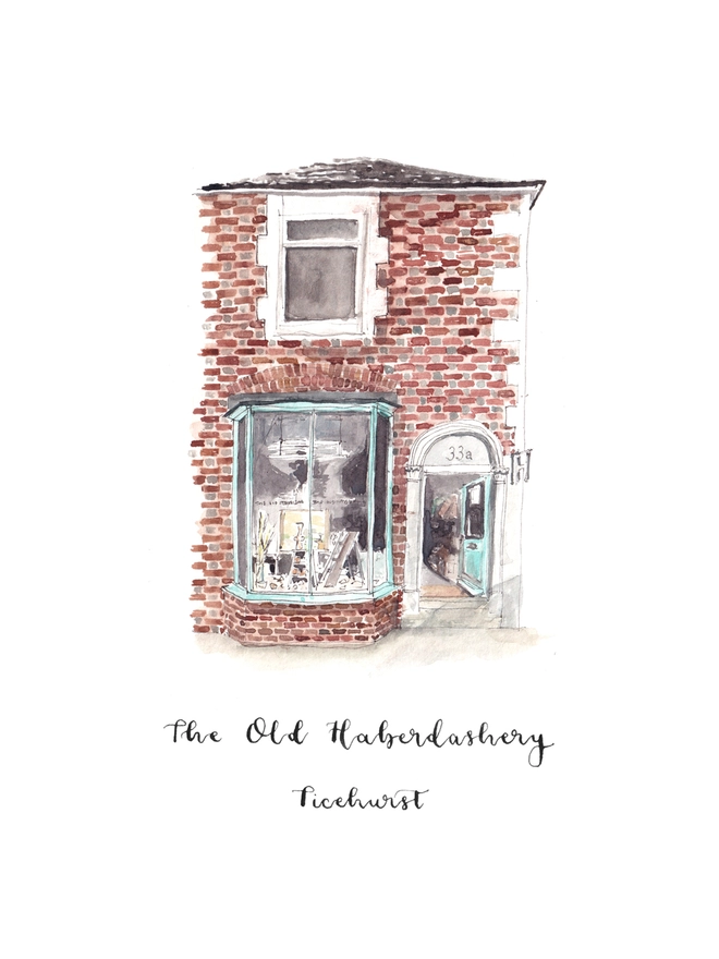 Watercolour painting of The Old Haberdashery, haberdashery and gift shop in Ticehurst, a beautiful brick building with light blue framed window and door which is open welcoming you into the shop. The watercolour style is painted with a black pen outline and organic loose style with small details. 
