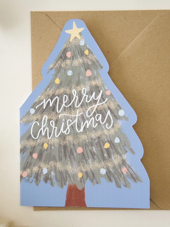 Illustrated Christmas tree cutout card