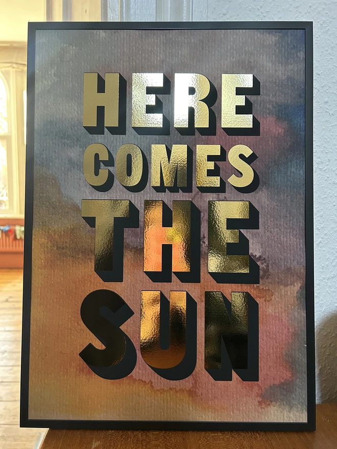 here comes the sun gold foil print watercolour background