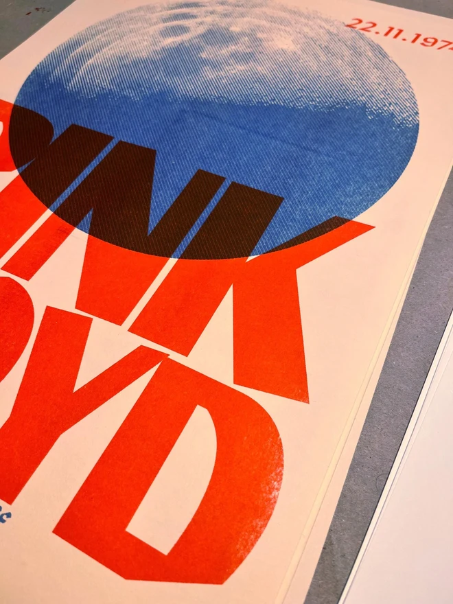 'Pink Floyd' Handmade Risograph Gig Poster, close up. 