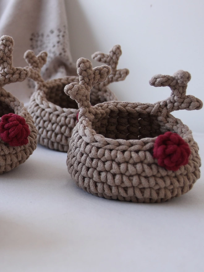Christmas hand crocheted baskets Rudolph
