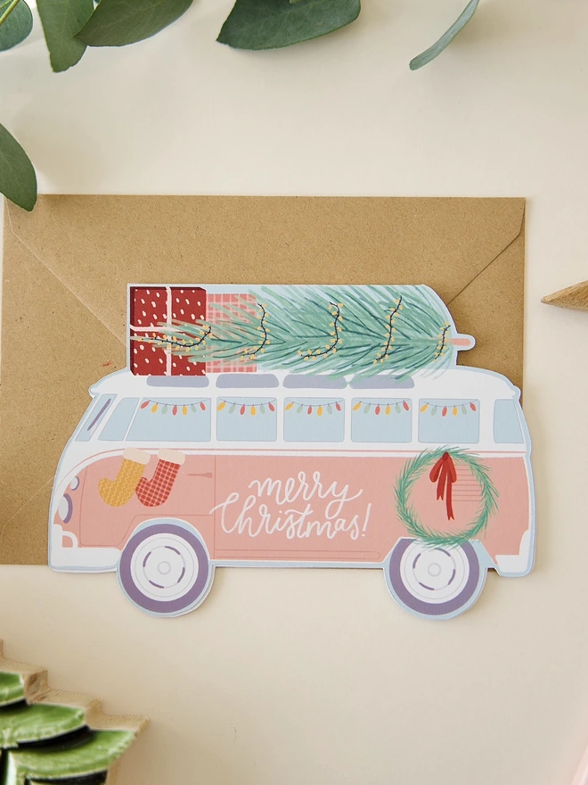 Illustrated Christmas camper van cutout Christmas card