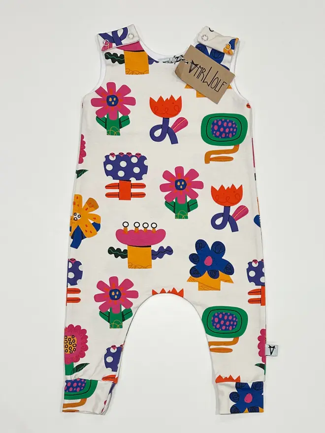 Baby romper in collage flower print fun baby romper colourful and bright