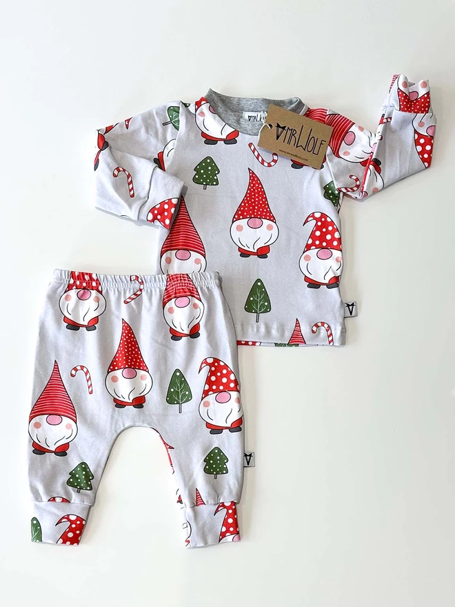 Baby and toddler lounge set in a cute Christmas gnomes print