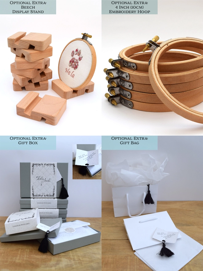 Top Left: Wooden (Beech) Display Stand, a stack of stands in the background, a Pink Cat Paw in an embroidery hoop placed in the stand. Top Right: 4 Inch Embroidery Hoop placed in front of a stack of hoops. Bottom Left: A soft grey gift box, approx. L178x W128x H32mm, with outer card casing. Bottom Right: A white paper gift bag, approx. H120x W160x D80mm & rope handles Both come with white waxed tissue paper and a gift card embedded with seeds with a black tassel.