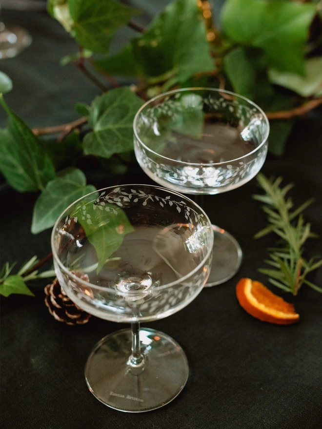 Silver Birch design etched glass champagne coupes set of 2