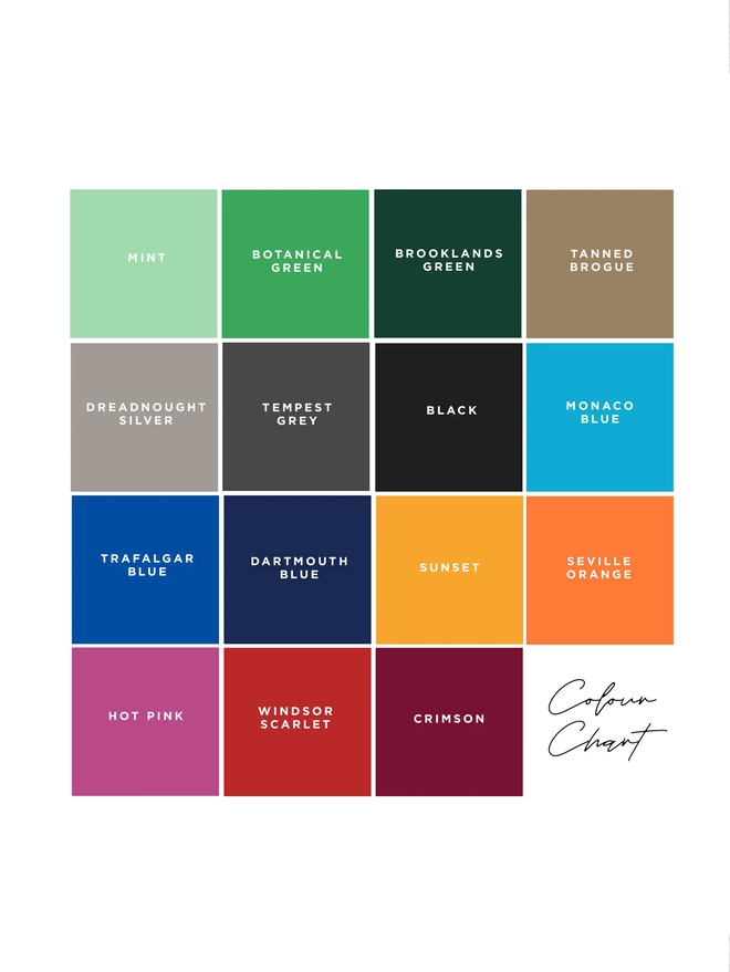 A colour chart with 16 different colour options 