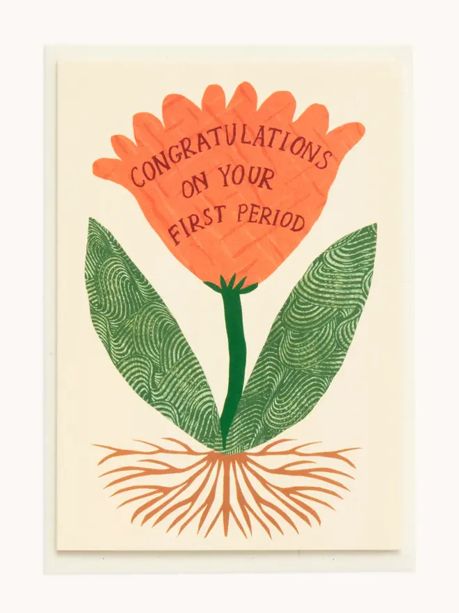 white card with red and green flower