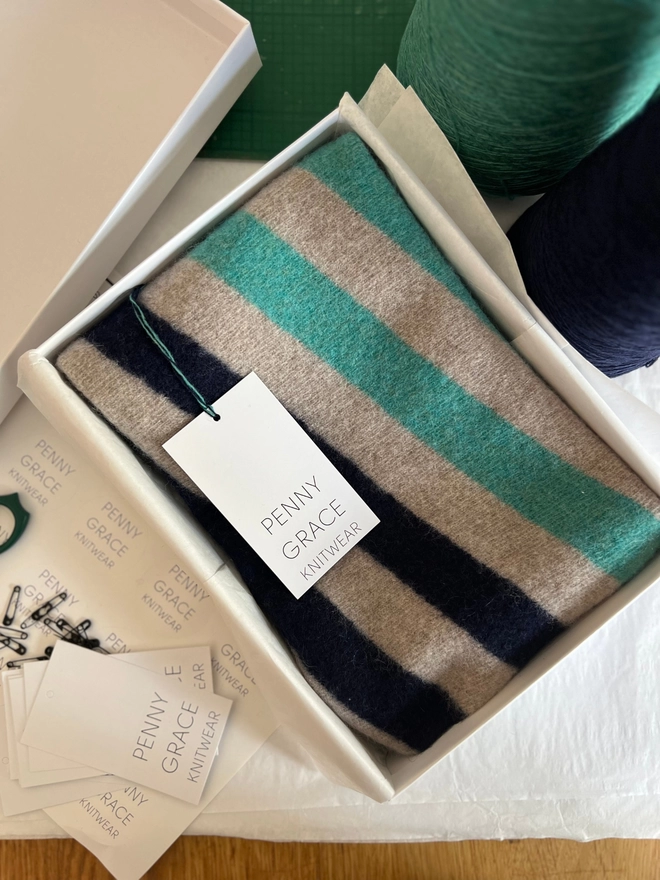 Jade mushroom navy stripe snood shown in gift box