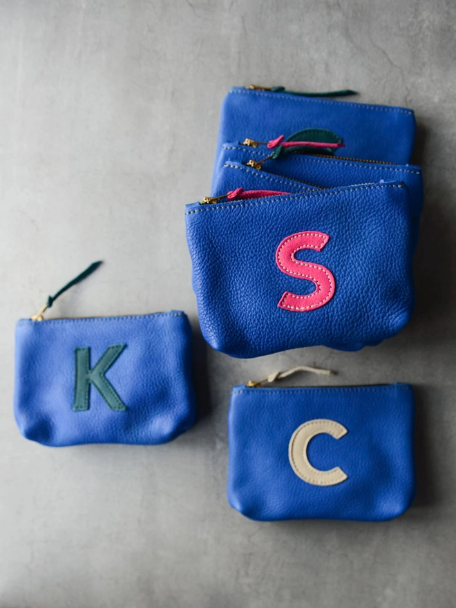 Colbalt Blue Leather Personalised Initial Pouch