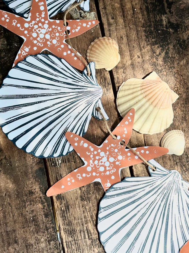 Shell & Starfish Hand Printed Nautical Linocut Garland