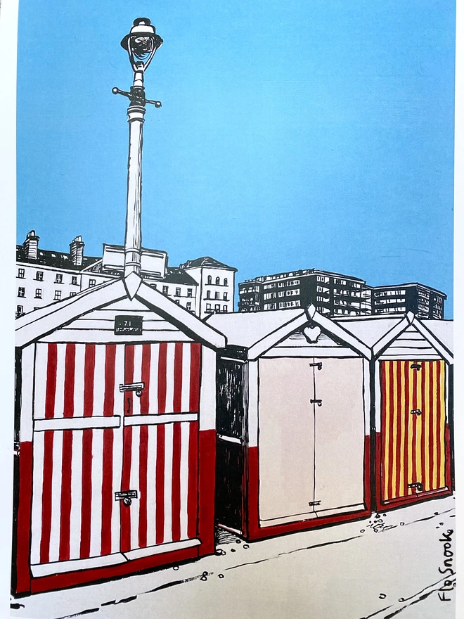 blue and red print of brighton hove beach huts