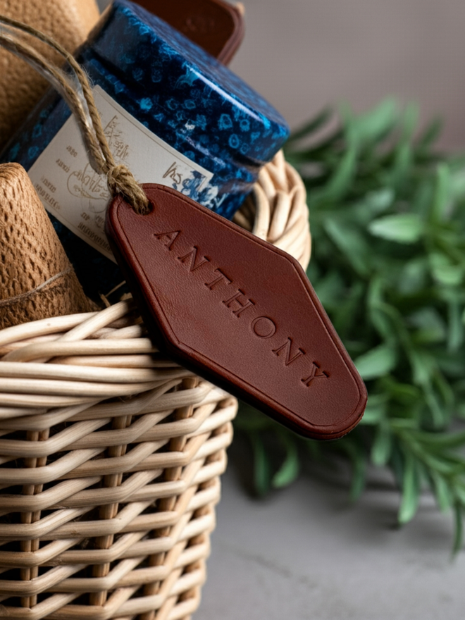 Tan leather label with debossed Anthony