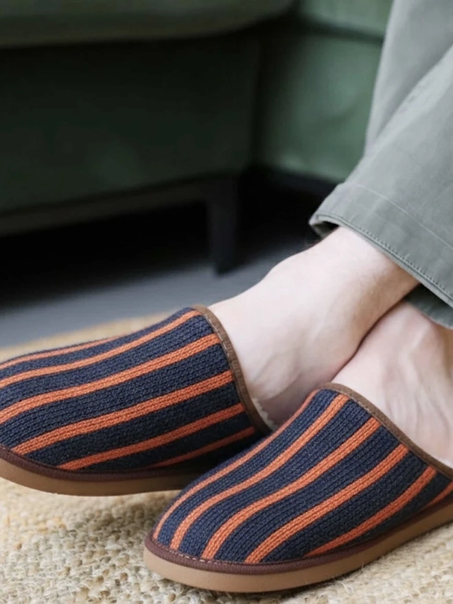 Lambswool & Sheepskin Slippers, a person wearing a pair of colourful lambswool and sheepskin slippers. 