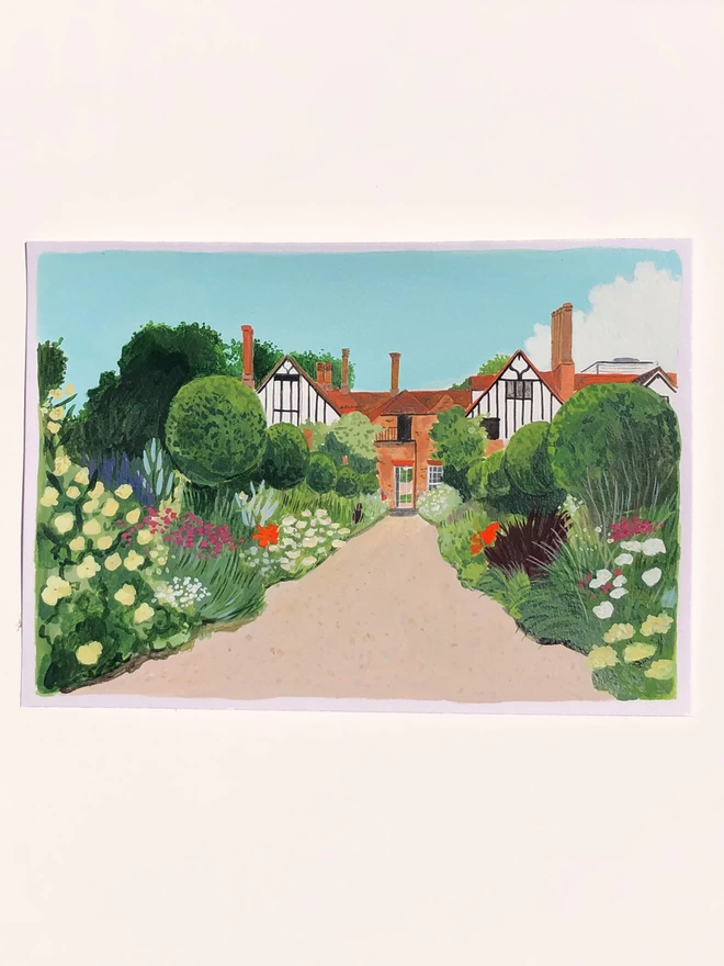 An illustration of a red brick and Tudor style country manor surrounded by bright and tall summer planting. There is a path in the centre of the painting that draws the eye to the door of the venue but the main focus is the borders either side of the path which are bursting with flowers and ornamental grasses