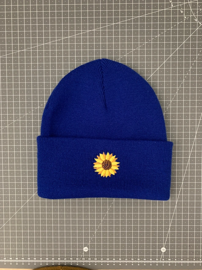 Embroidered Sunflower Beanie - Royal Blue