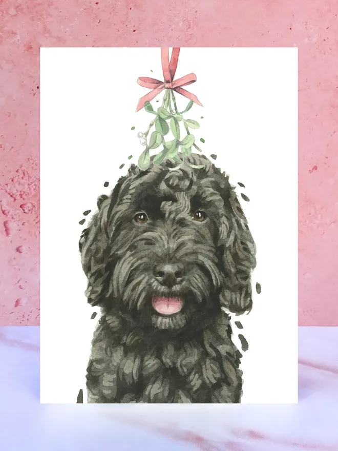 black cockapoo dog mistletoe christmas card