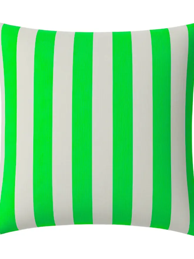 Hand Painted Sustainable Linen Cushion In Stripe Print, a neon green striped cushion against a white background. 