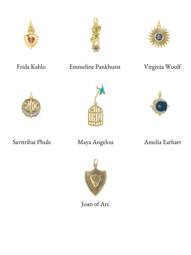 Selection of gold charms representing strong women such as Frida Kahlo on a white background
