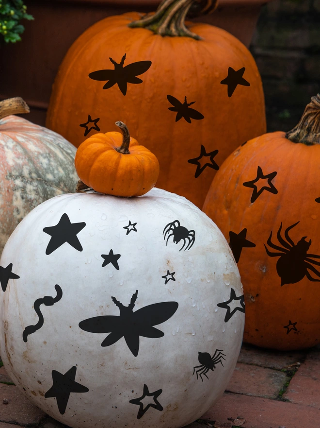 decorated pumpkins with Joanie & Jeanie Halloween stickers