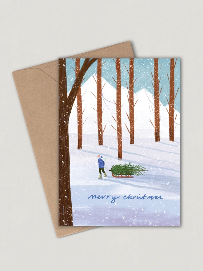 Christmas Tree Sled card with Kraft envelope