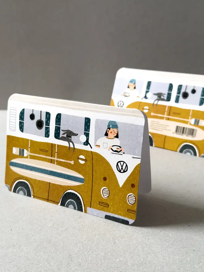 yellow vw campervan greetings card