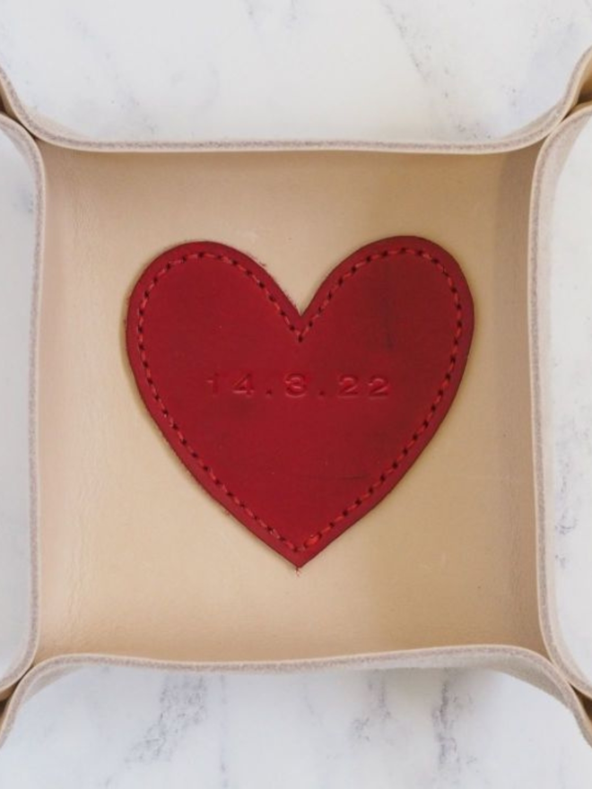 handmade leather personalised love heart coin tray