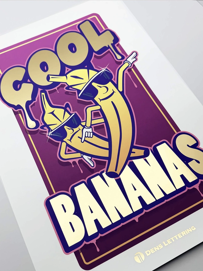 'Cool Bananas' Purple Gold Foil Print on white background