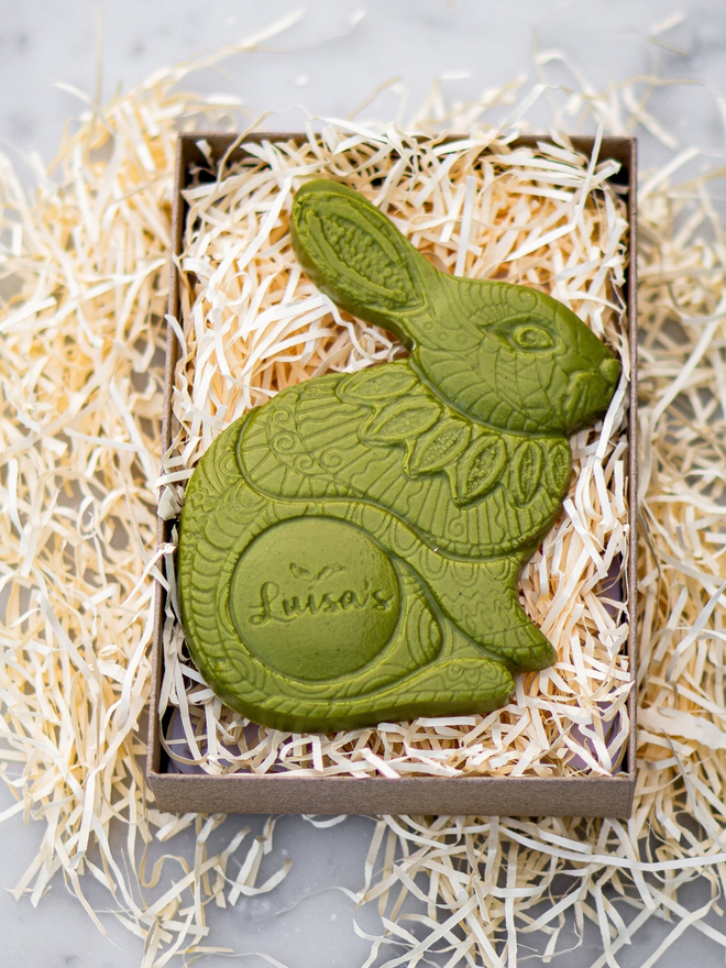 Vegan Matcha Chocolate Luigi Bunny – Limited Edition in a box with straw overflowing