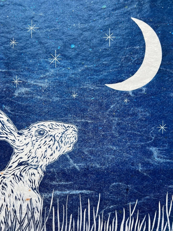 hare and crescent moon linocut detail
