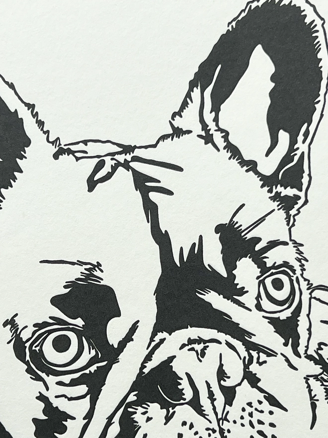 Close up if the black and white Frenchie card showing all the deatil