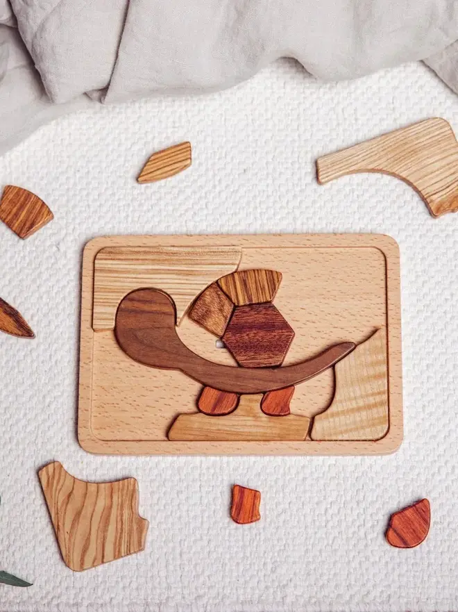 Shelly Slow Wooden Persistence Jigsaw Puzzle Heirloom Toy, against a white background. 