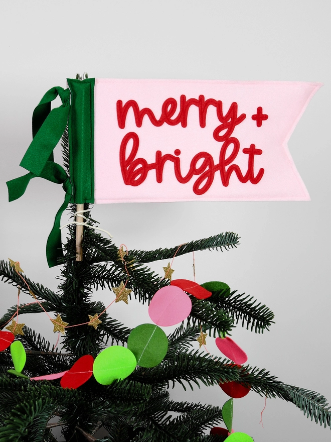 Merry and Bright Felt Tree Topper Flag.