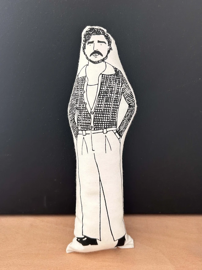 Idol cushion doll featuring a black and white illustration of Pedro Pascal.
