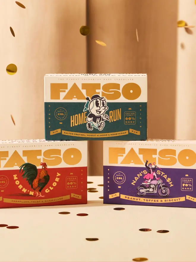 FATSO Dark Chocolate Bars, 3 bars stacked on top of each other with a celebratory backdrop