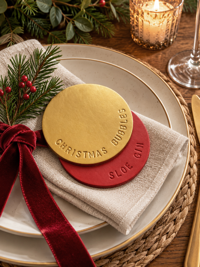 gold and red leather coasters