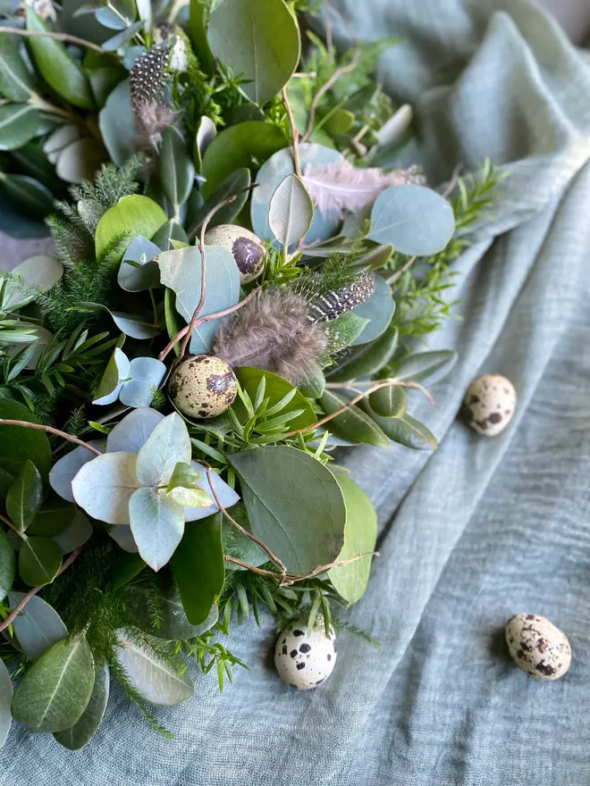 Spring Foliage Wreath with Quail Eggs & Feathers