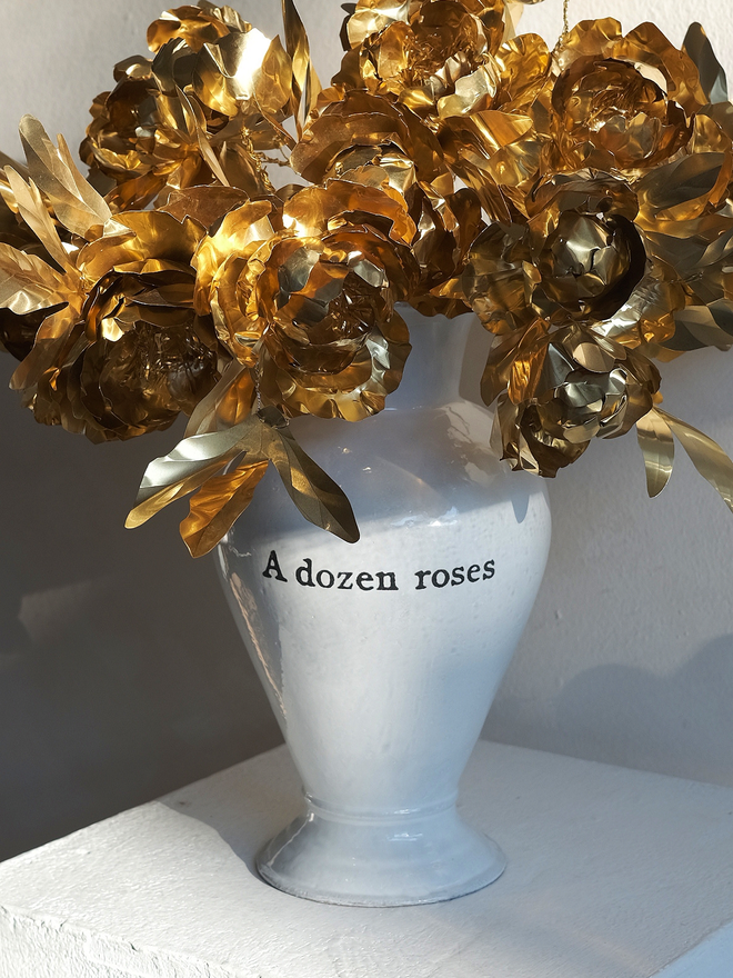 Large bouquet of heirloom brass peony roses by artist Debbie Fairbrass